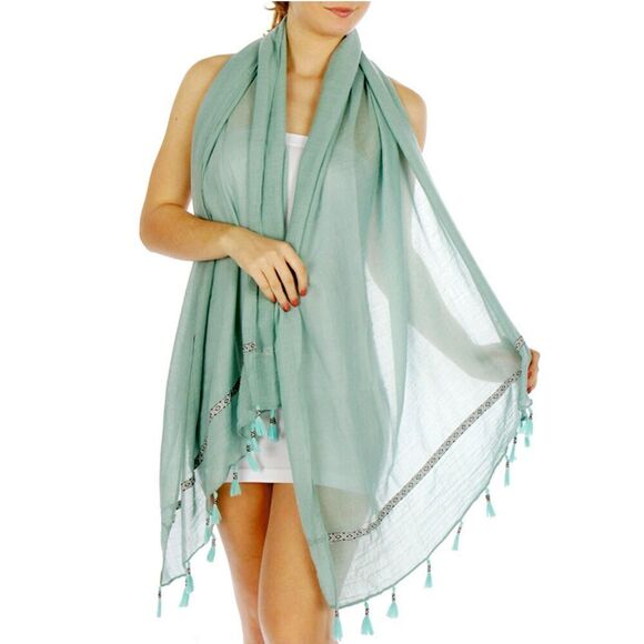 NWT Feria Mode Lightweight Aztec Insert Trim Tasseled Scarf Shawl Wrap Cover-Up - Picture 4 of 5